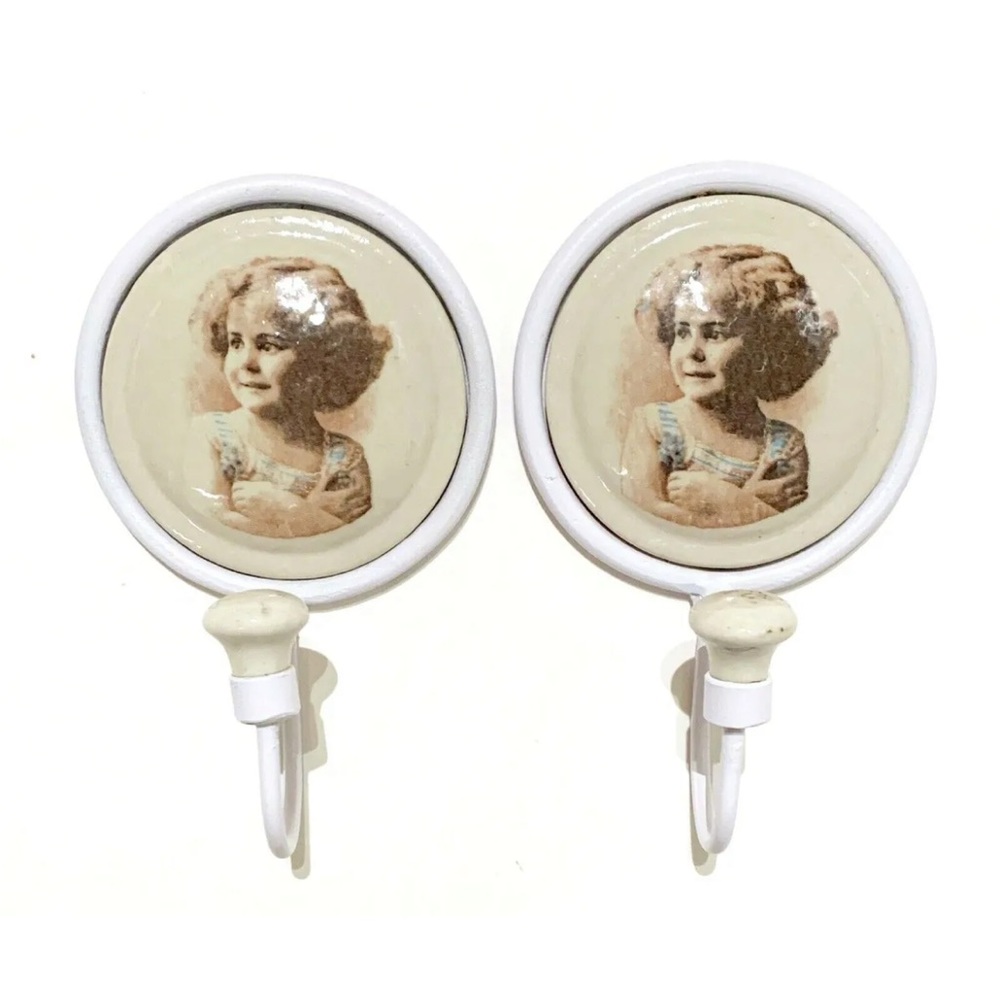 Victorian Child Ceramic Metal Wall Hooks Hangers Set of 2 Baby Bedroom Nursery